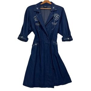 VTG PG Collections Ginger Bort Denim Wrap Dres Women L Blue Rhinestone Rose Stud